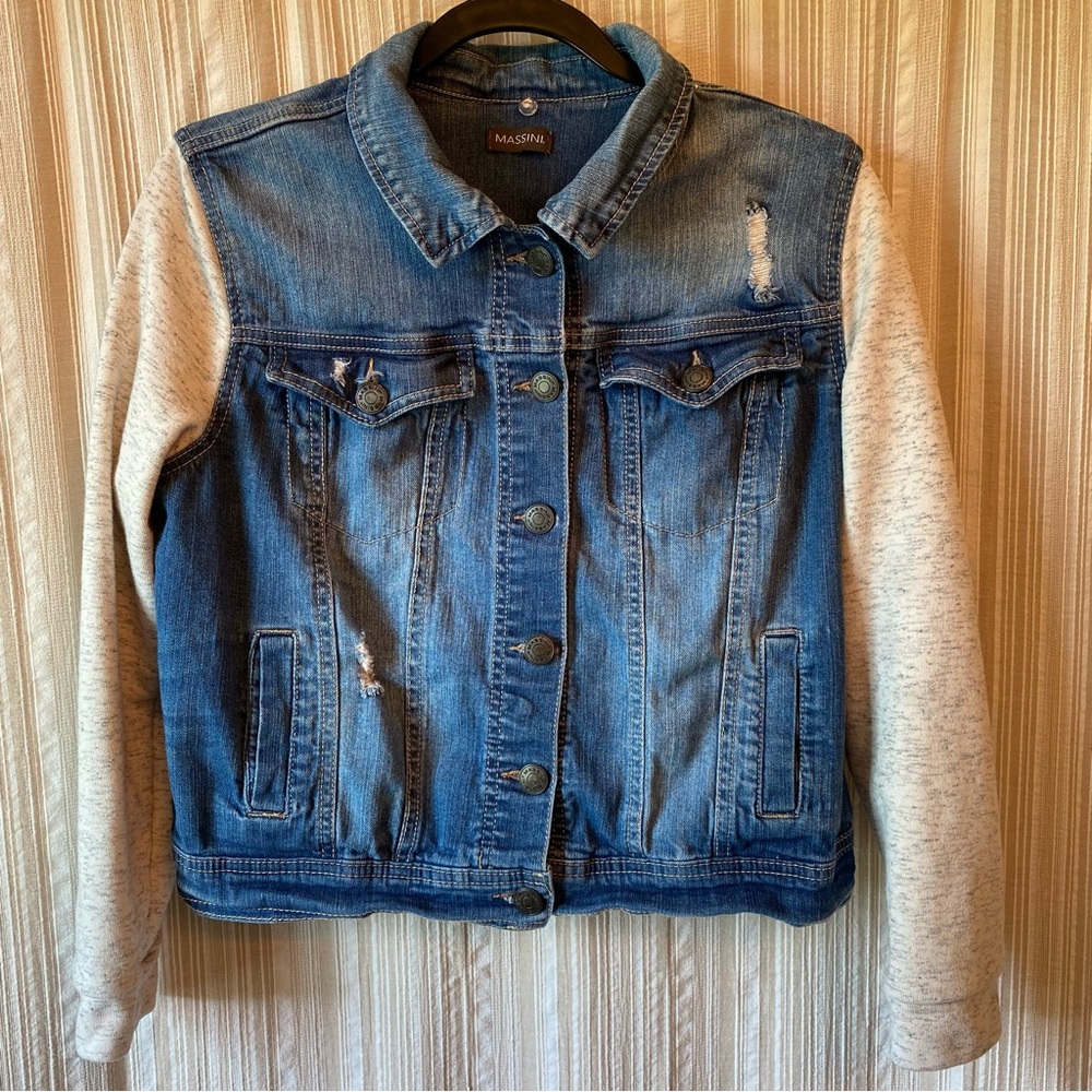 Massini Blue Denim Jacket with Heather Gray Knit Sleeves